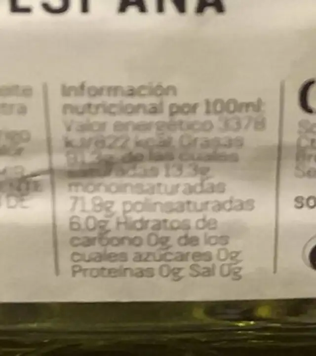 Aceite de Oliva virgen extra nutrition facts table