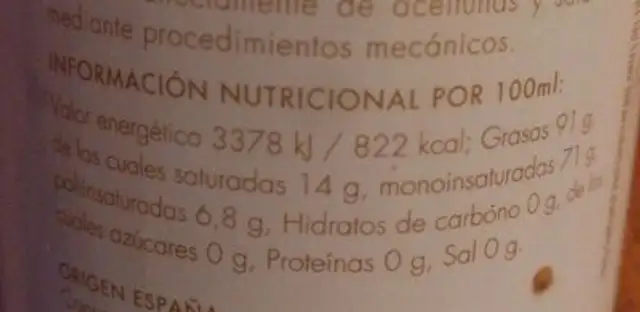 Aceite de oliva virgen extra nutrition facts table