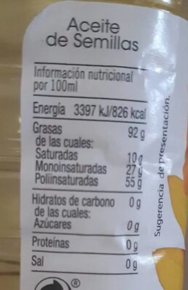 Aceite refinado de semillas nutrition facts table