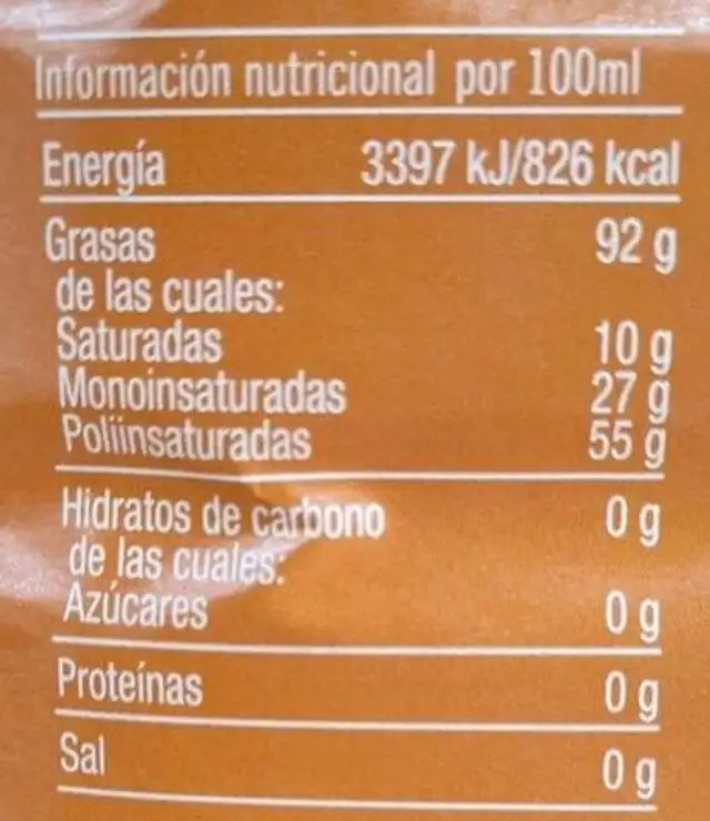 Aceite Refinado de Semillas 5 Litros nutrition facts table
