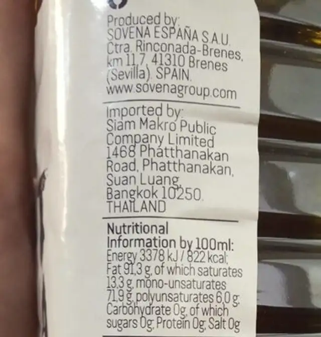 Aceite Font Oliva nutrition facts table