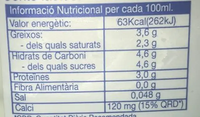 Llet fresca-Sencera nutrition facts table