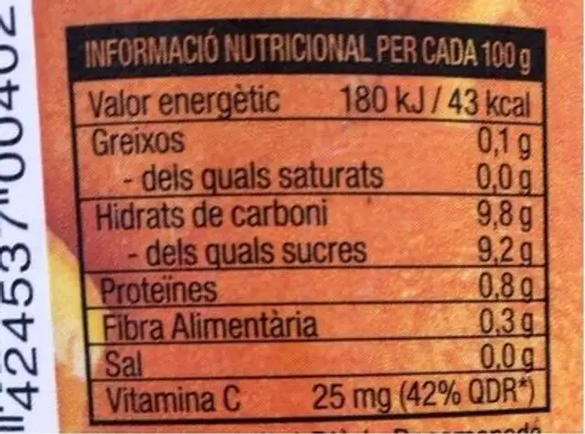 Zumo de naranja nutrition facts table