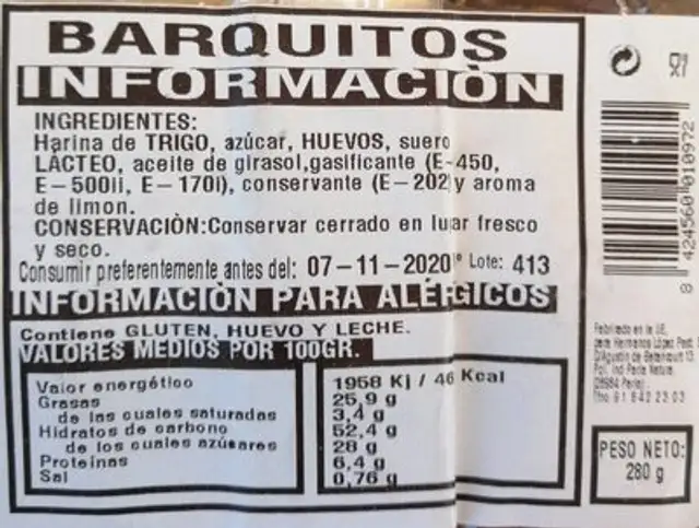 Barquitos nutrition facts table