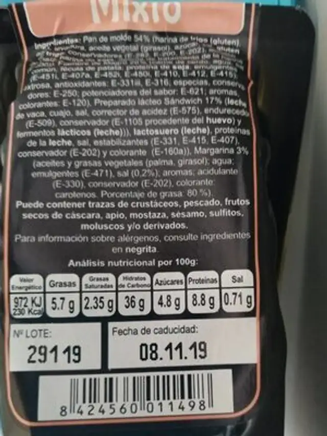 Sándwich mixto nutrition facts table