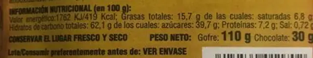 Gofre conChocolate nutrition facts table