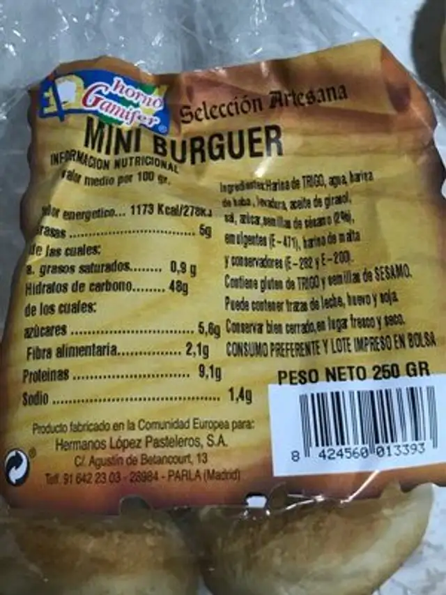 Mini burguer nutrition facts table