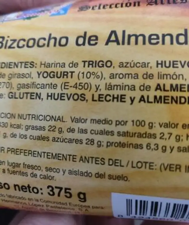 Bizcocho de almendra nutrition facts table