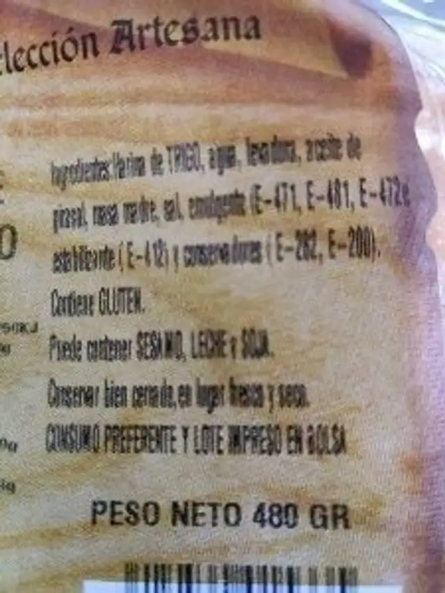 Mollete artesano ingredients label