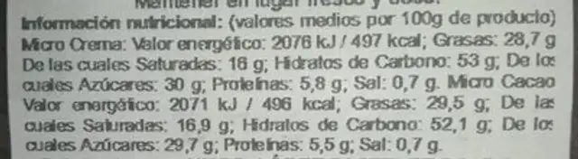 Mini croissant choco/crema nutrition facts table
