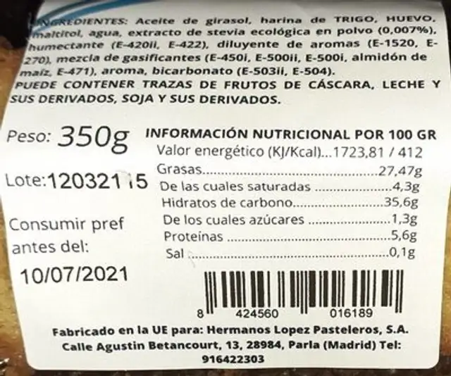 Bizcocho nutrition facts table