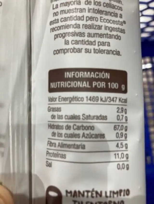 Unknown nutrition facts table