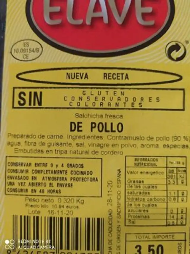 Salchichas frescas de pollo ingredients label