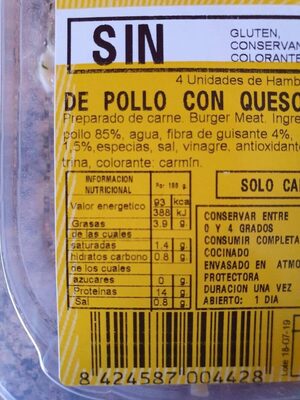 Hamburguesa pollo y espinacas nutrition facts table