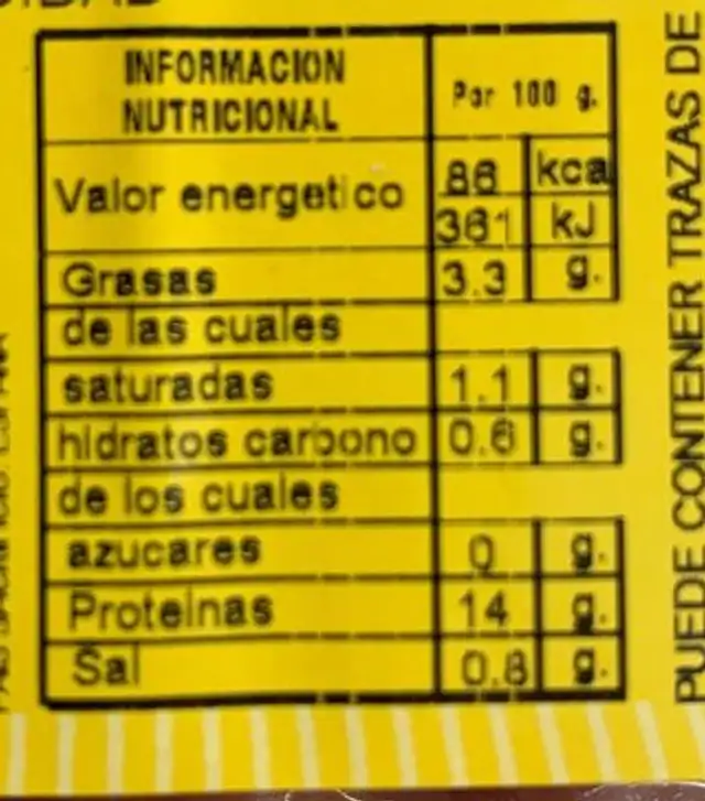 Hamburguesas de pollo ELAVE nutrition facts table