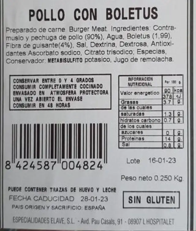 Pollo con Boletus nutrition facts table