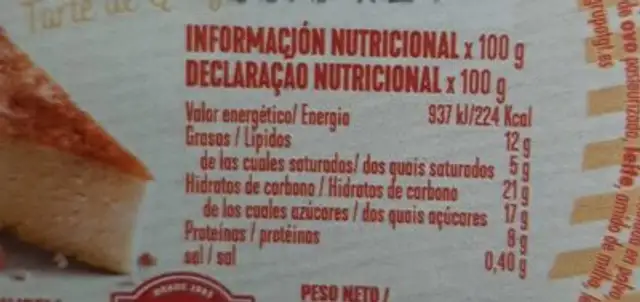 Tarta de queso nutrition facts table