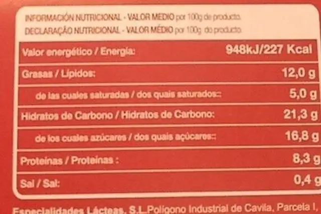 Tarta de queso nutrition facts table