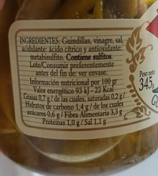 Guindilla extra en vinagre ingredients label