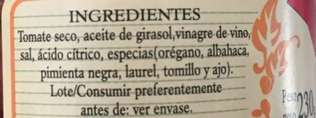 Tomate seco en aceite ingredients label
