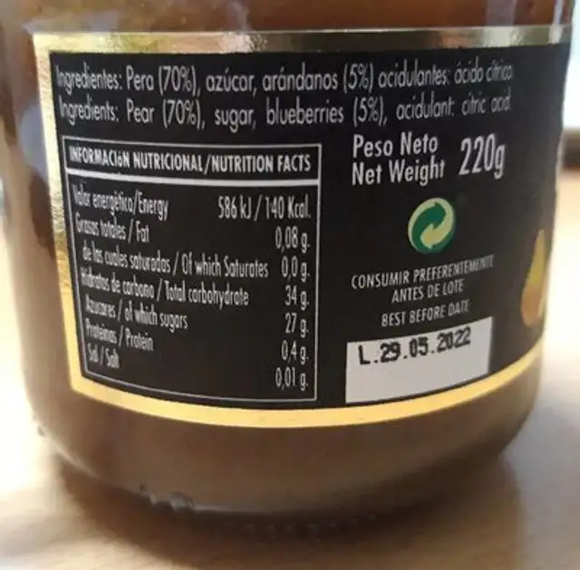 Mermelada de pera con arandanos nutrition facts table