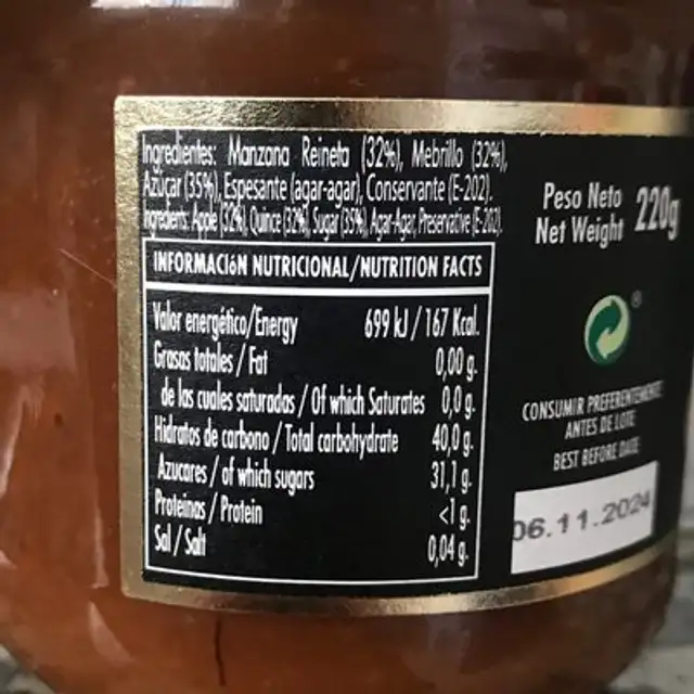 Mermelada de Manzana Reineta y Membrillo nutrition facts table