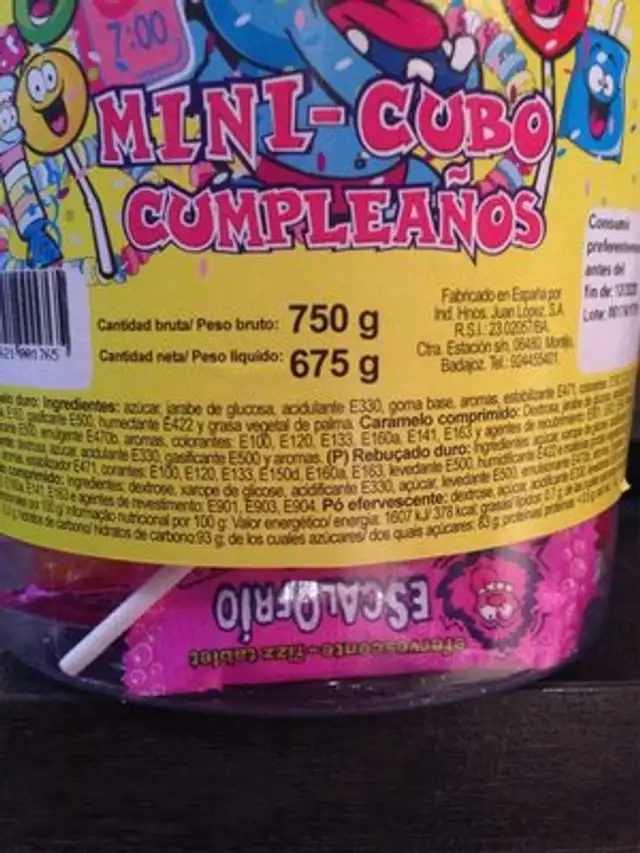 Mini-cubo cumpleanoq ingredients label