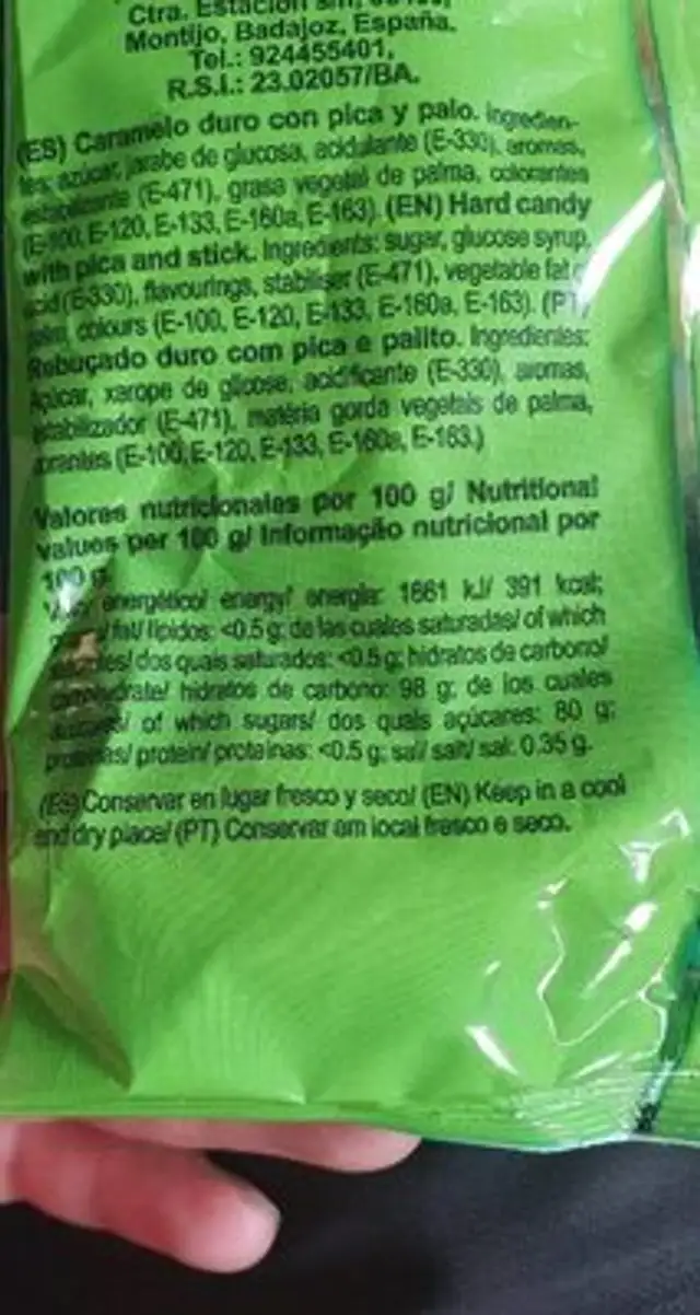 Sucettes nutrition facts table