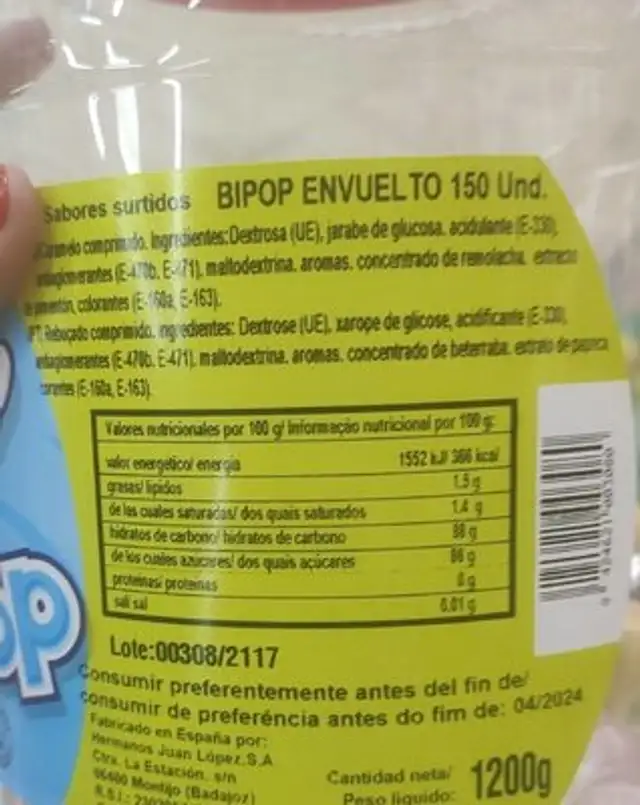 Chupa chup tiza bipop nutrition facts table