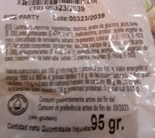 Fizz Party nutrition facts table