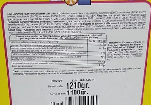 Piruletas efervescente nutrition facts table