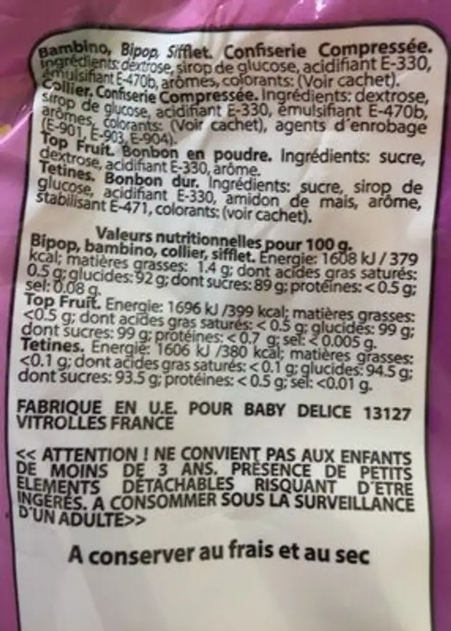 Bambino Sweets ingredients label
