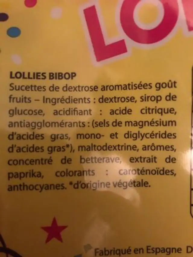 Lollies ingredients label