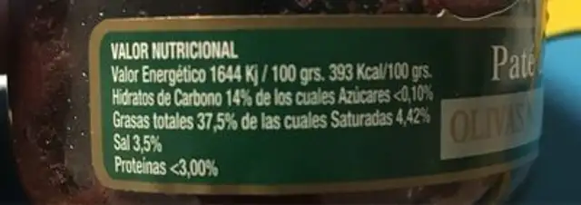 Paté de olivas negras nutrition facts table