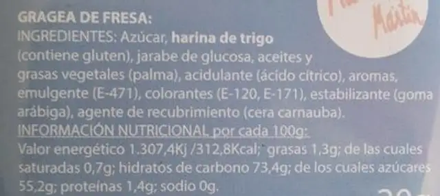 Grageas de fresa nutrition facts table