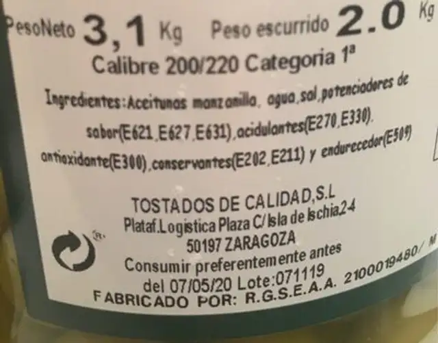 Aceitunas y encurtidos sabor anchoa nutrition facts table