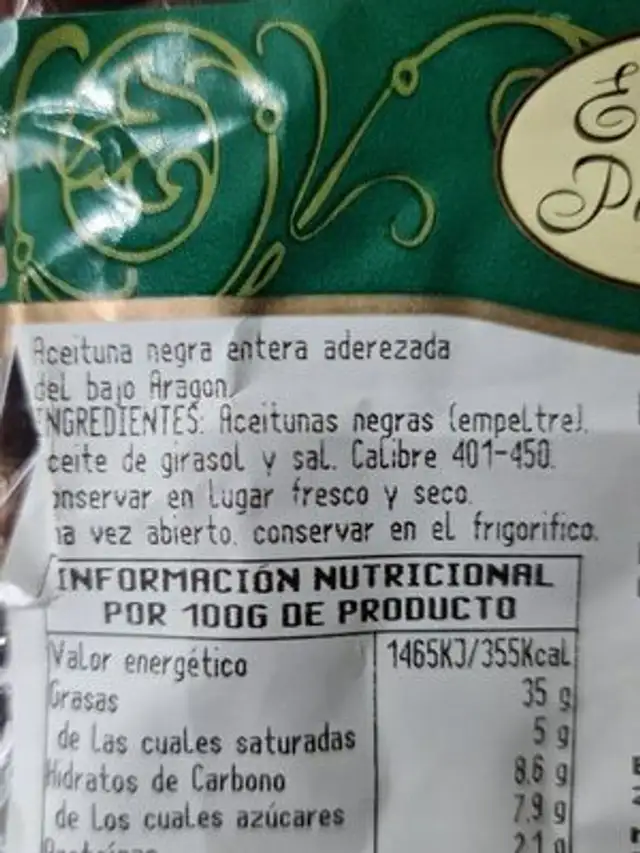 Aceituna negra entera ingredients label