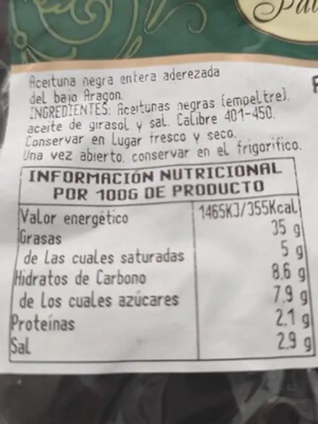 Aceituna negra entera nutrition facts table