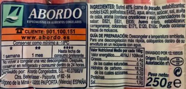 Palitos de Mar nutrition facts table