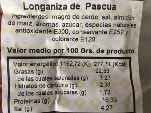Longaniza de Pascua nutrition facts table