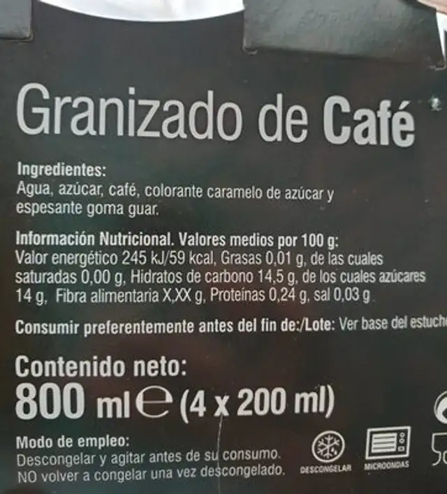 Granizado de café nutrition facts table