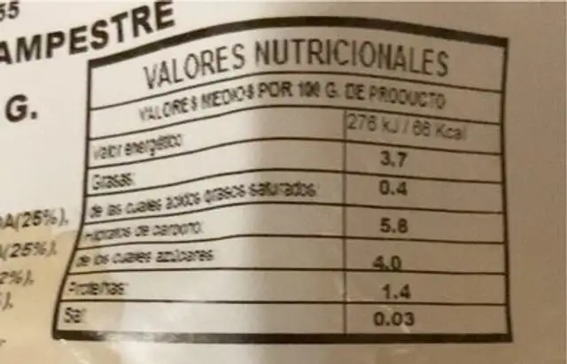salteado campestre nutrition facts table