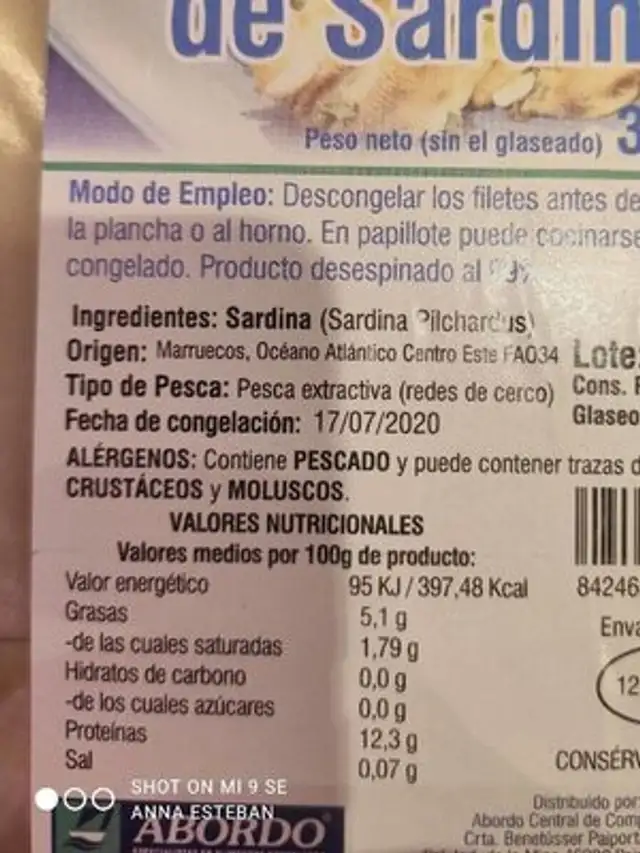 Filete sardina nutrition facts table