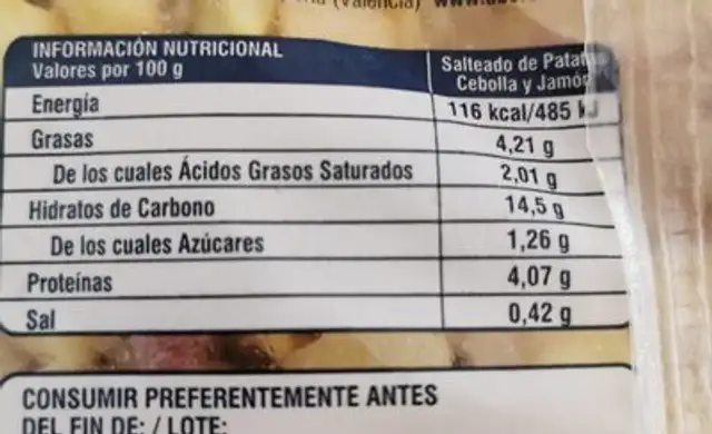 Salteado de patatas, cebolla y jamón nutrition facts table