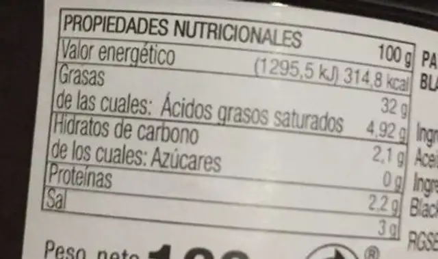 Paté de aceituna negra nutrition facts table