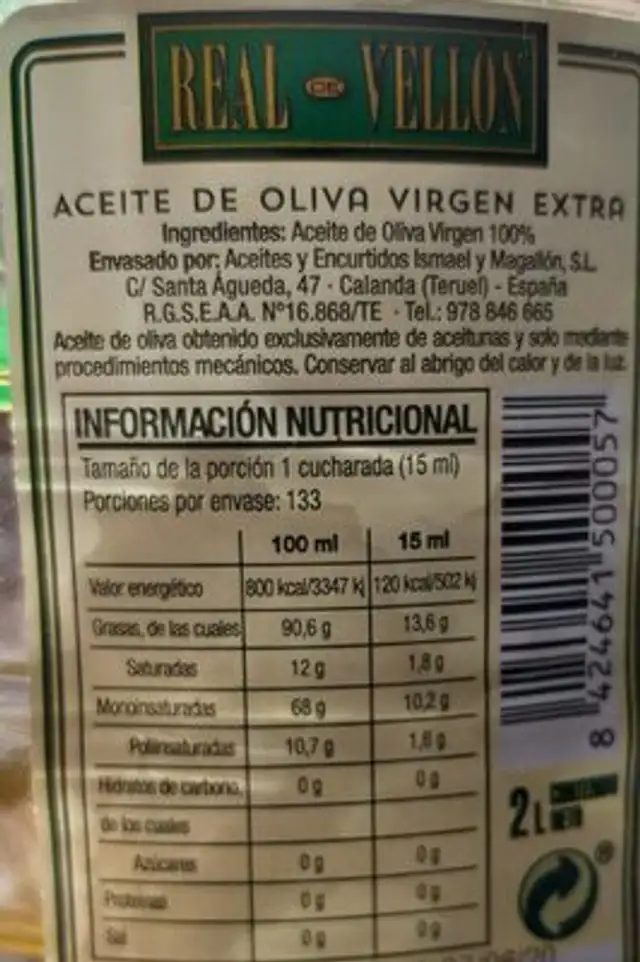 Aceite de Oliva virgen extra nutrition facts table
