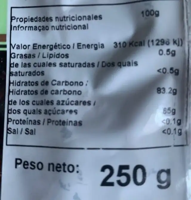 Arándano deshidratado bolsa 250 g nutrition facts table