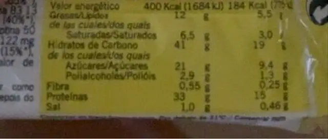 Barrita proteica nutrition facts table