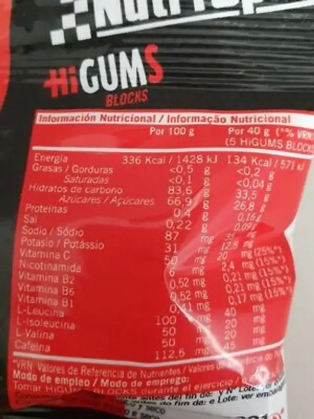 HiGums nutrition facts table