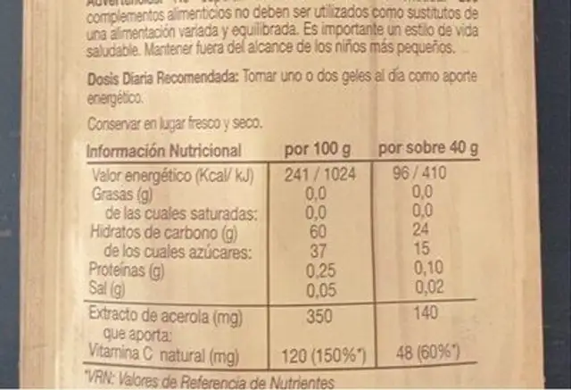 Energy Gel nutrition facts table